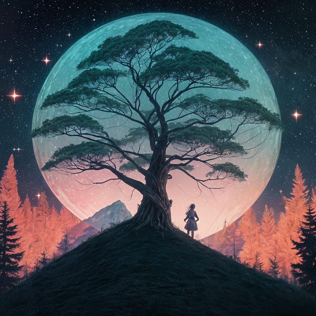 Starry Sapling in Moonlight: A Matte Art Piece