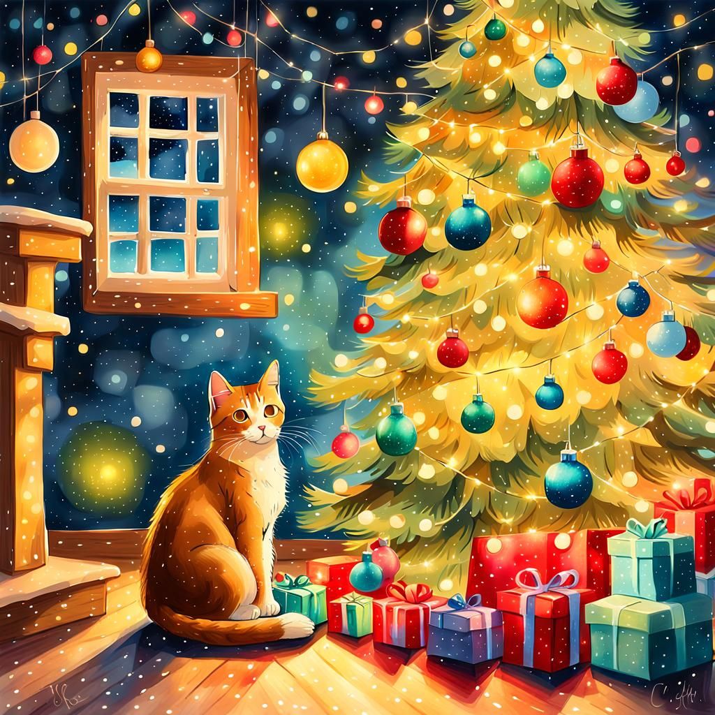 Warm Winter Wonderland Scene with Whimsical Cat and Christma...