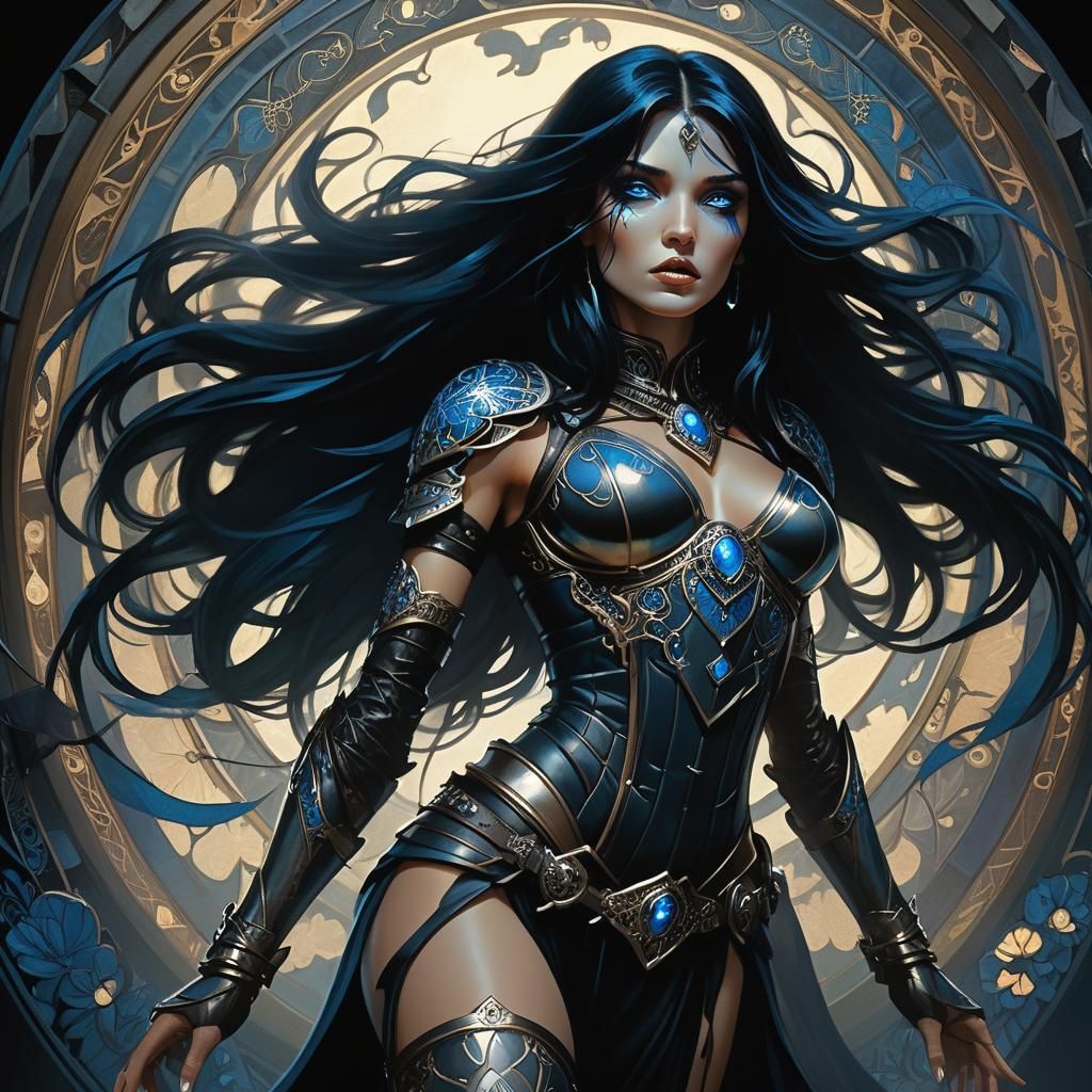 Cimmerian Woman Attacks from Shadows in Art Nouveau Style