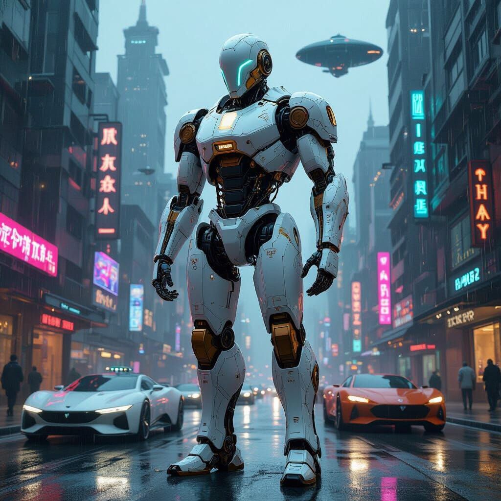 Steampunk Robotic Man in Futuristic Cityscape