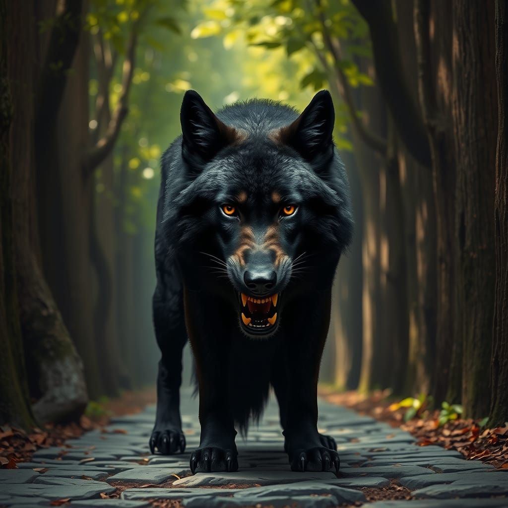 Menacing Black Wolf in Dark Alley