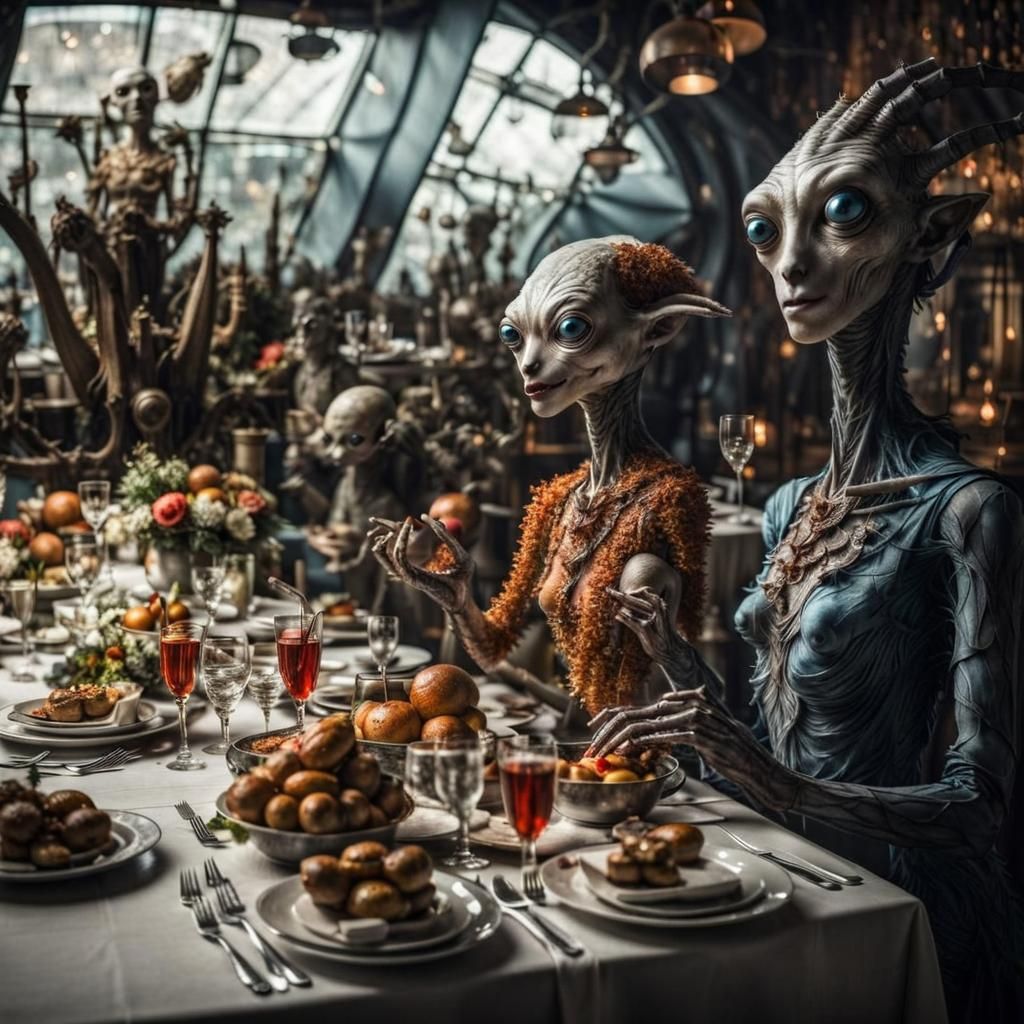 Surreal Restaurant Scene with Exotic Aliens
