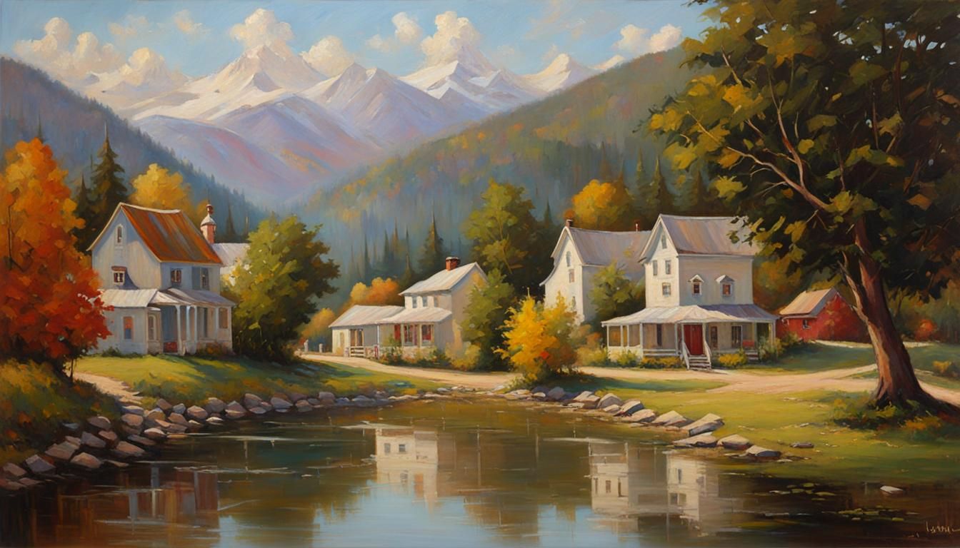 Tranquil Small Town Oil Painting in Luminist Style
