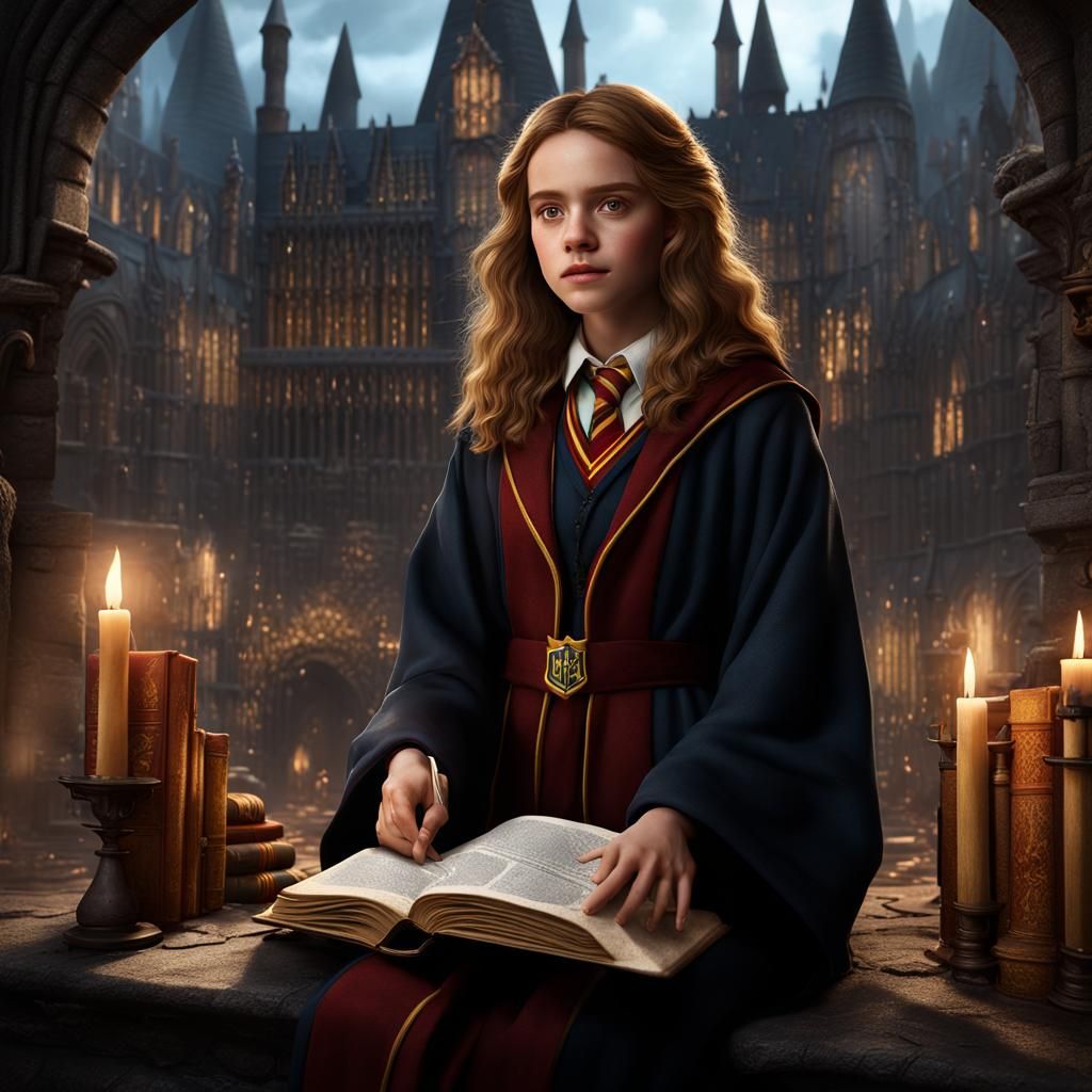 Hermione Granger with Book, Hogwarts Background