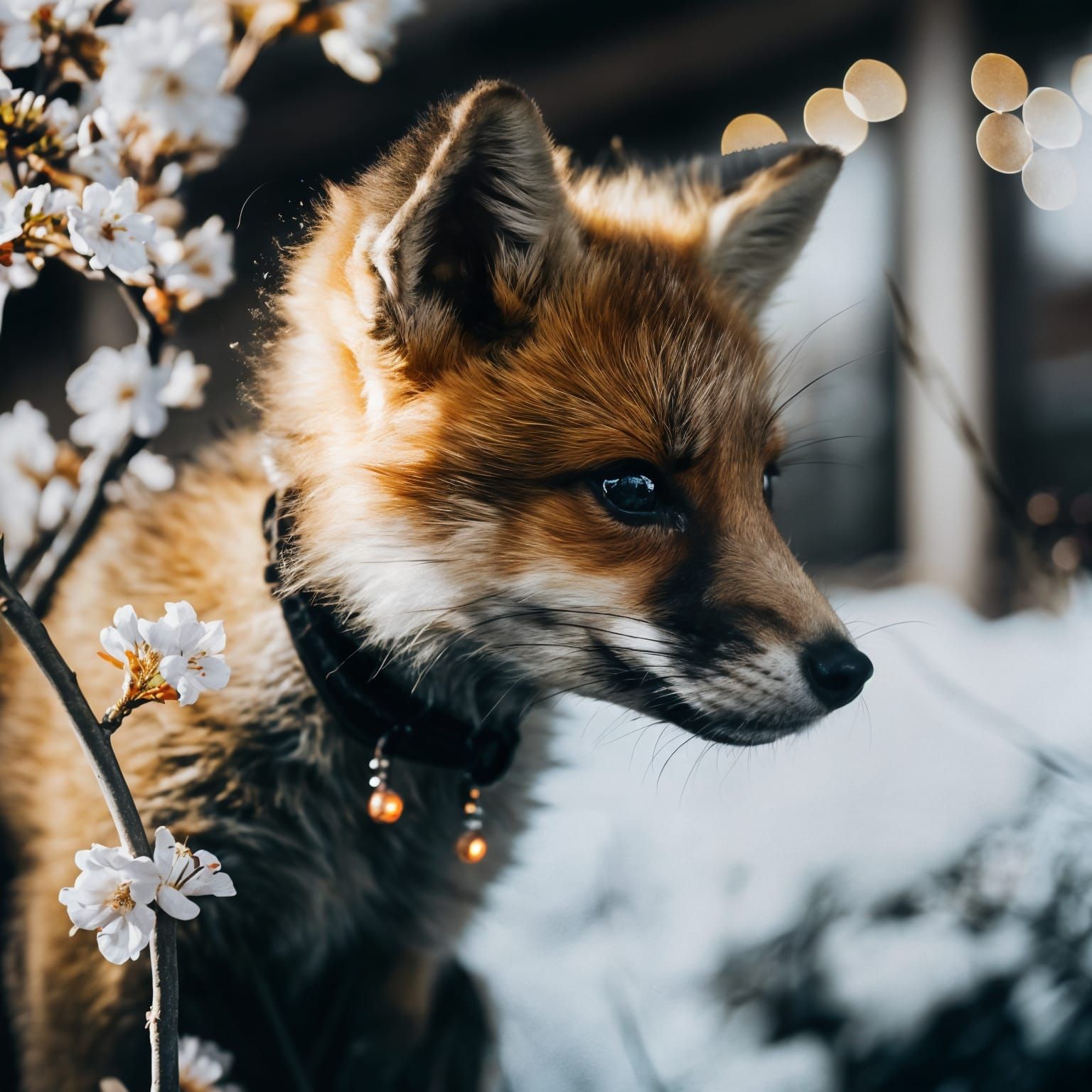 Baby Fox with Bells in Sakura Garden