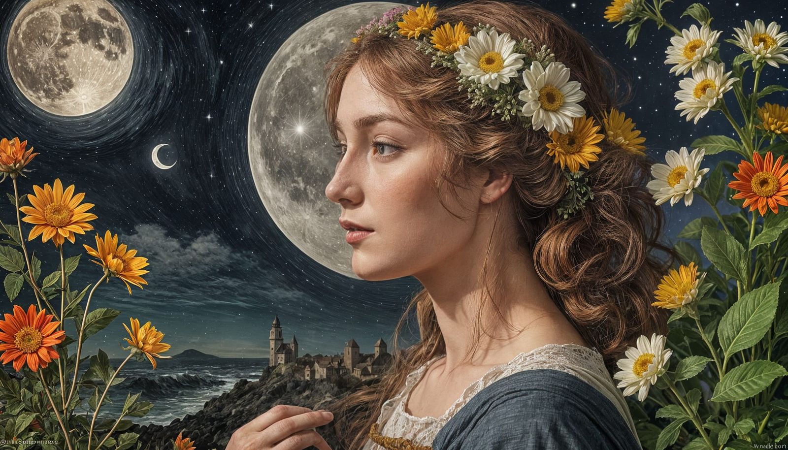 Redhead with Flowers at Ocean on Full Moon Night