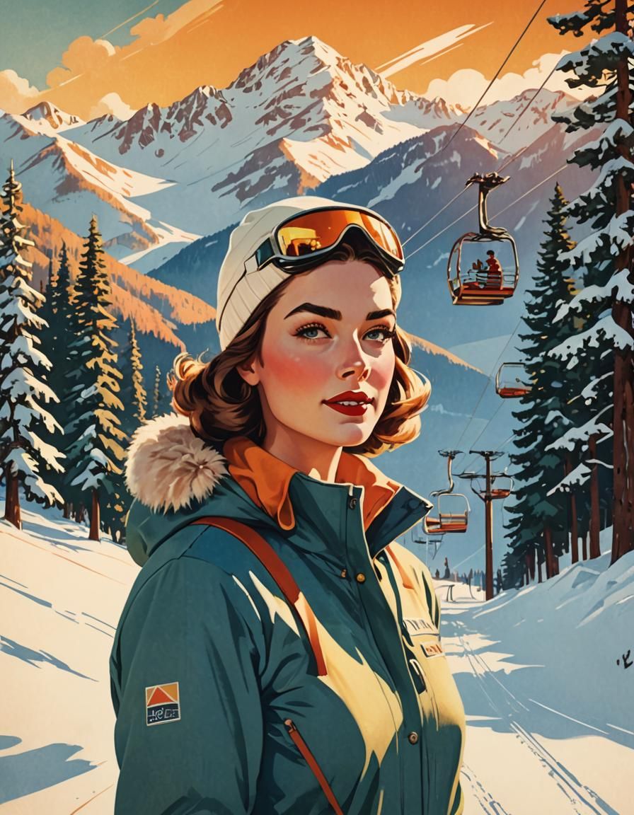 Vintage Ski Poster Art of Girl in Alps