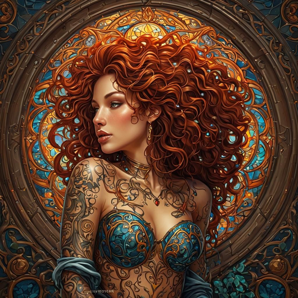 Tattooed Woman in Stained Glass Style