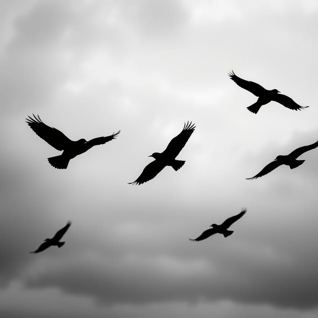 Mysterious Black Birds Take Flight Against a Dark, Forebodin...