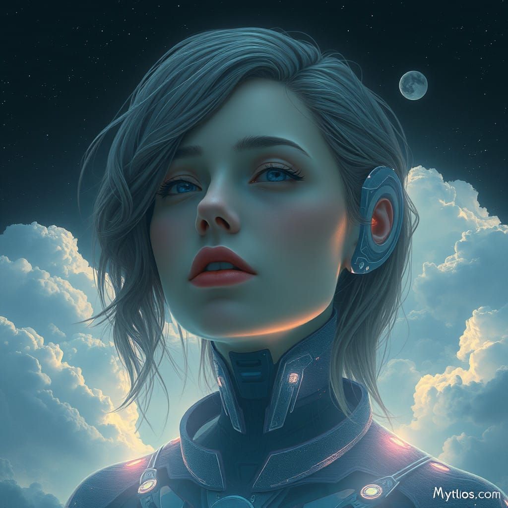 A female cyborg with a contemplative expression, surrounded ...
