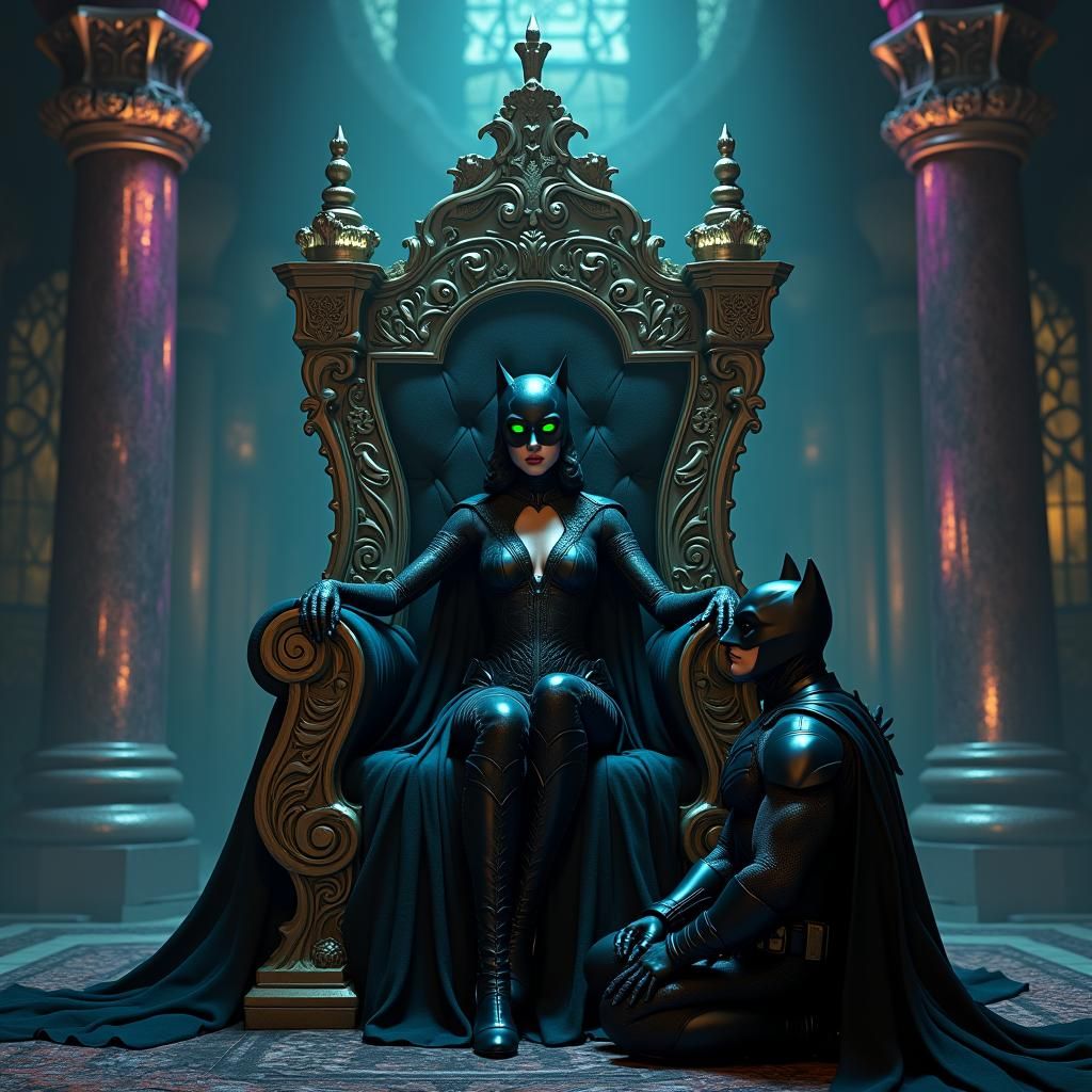 Catwoman on Throne, Batman Kneels: Dark Fantasy Art