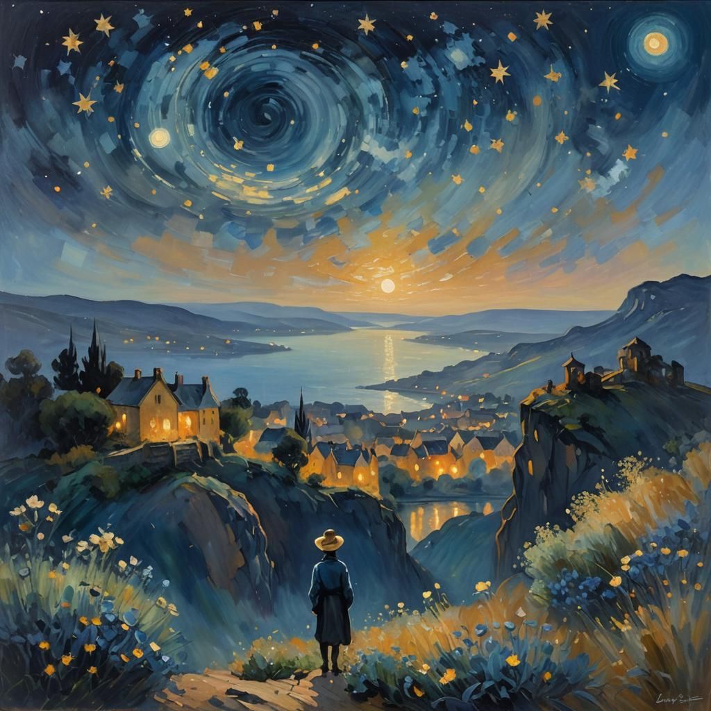 Impressionist Nocturne: Village Under Starry Sky
