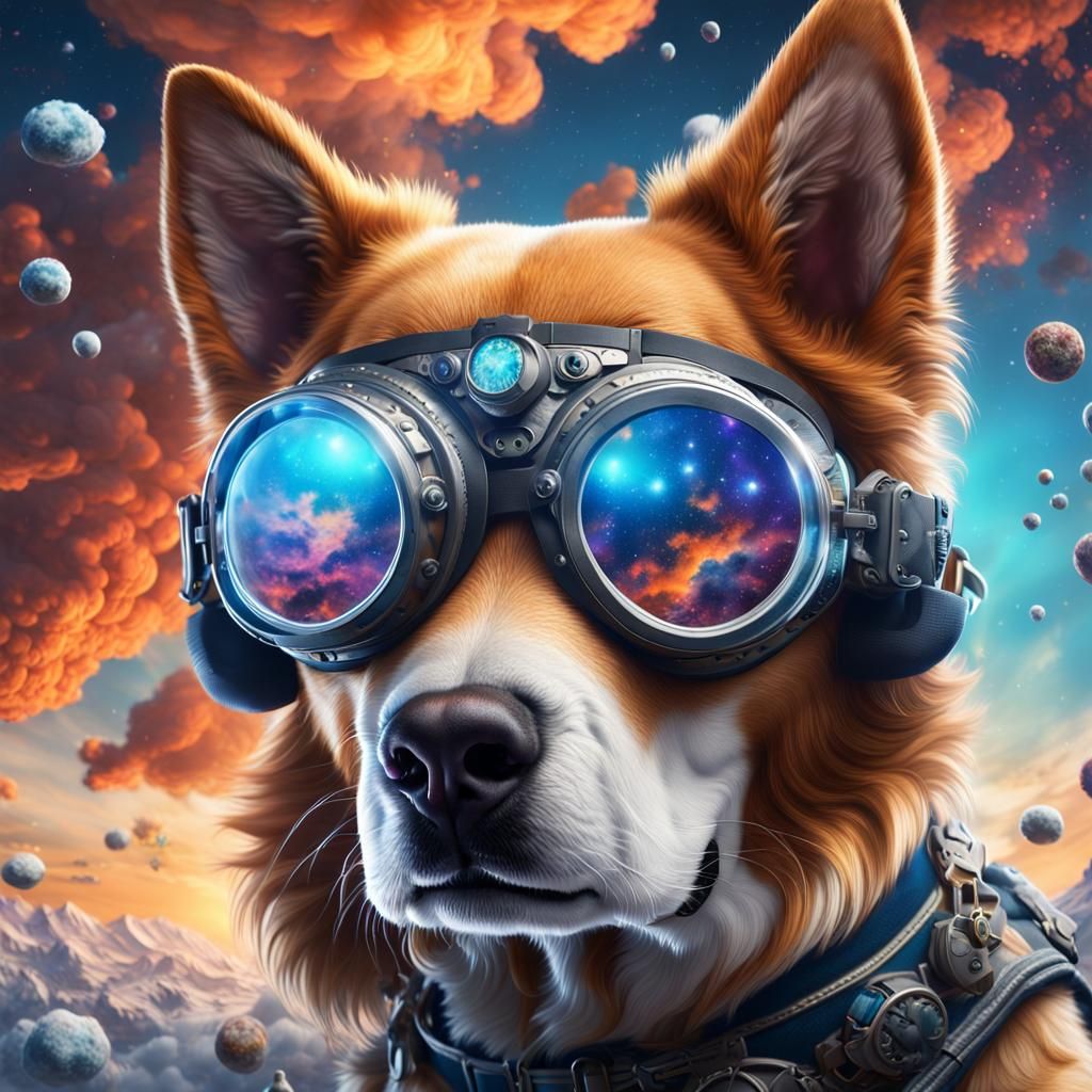Dog in Goggles Soaring Through Cosmos Clouds
