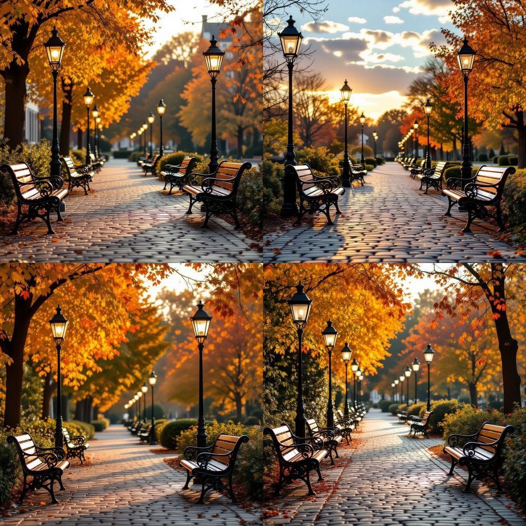 Autumn Path with Vintage Streetlamps and Bokeh