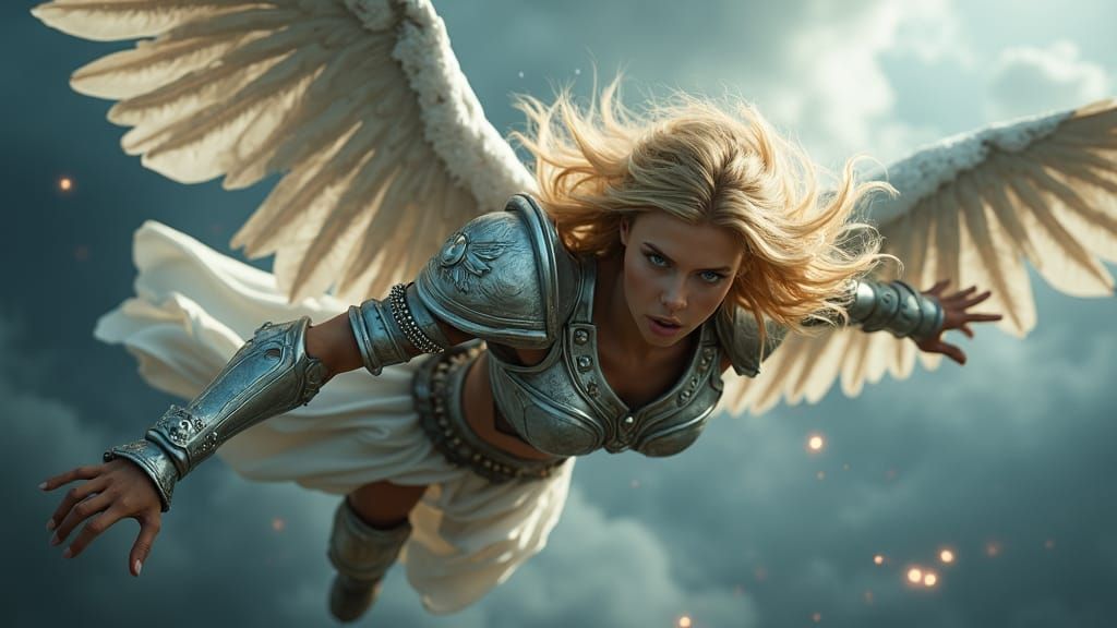 Angel Warrior Descends Through Turbulent Storm Clouds