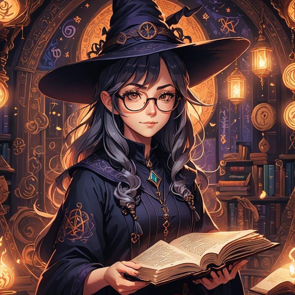 Anime Witch Portrait with Magical Book