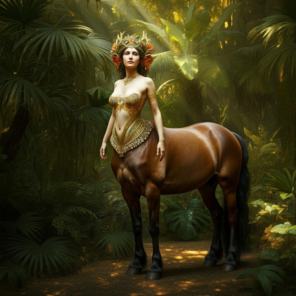 centauress, female centaur, mythological figure, human woman from waist up and a powerful horse from waist down, standin...