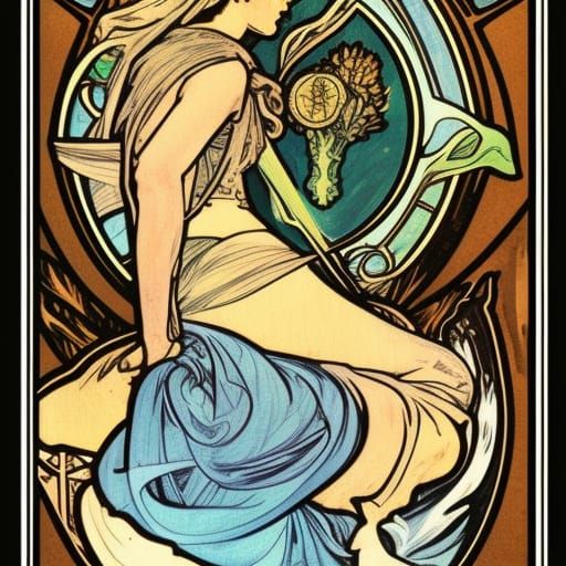tarot card illustration, the knight of cups, style of Alphonse Mucha