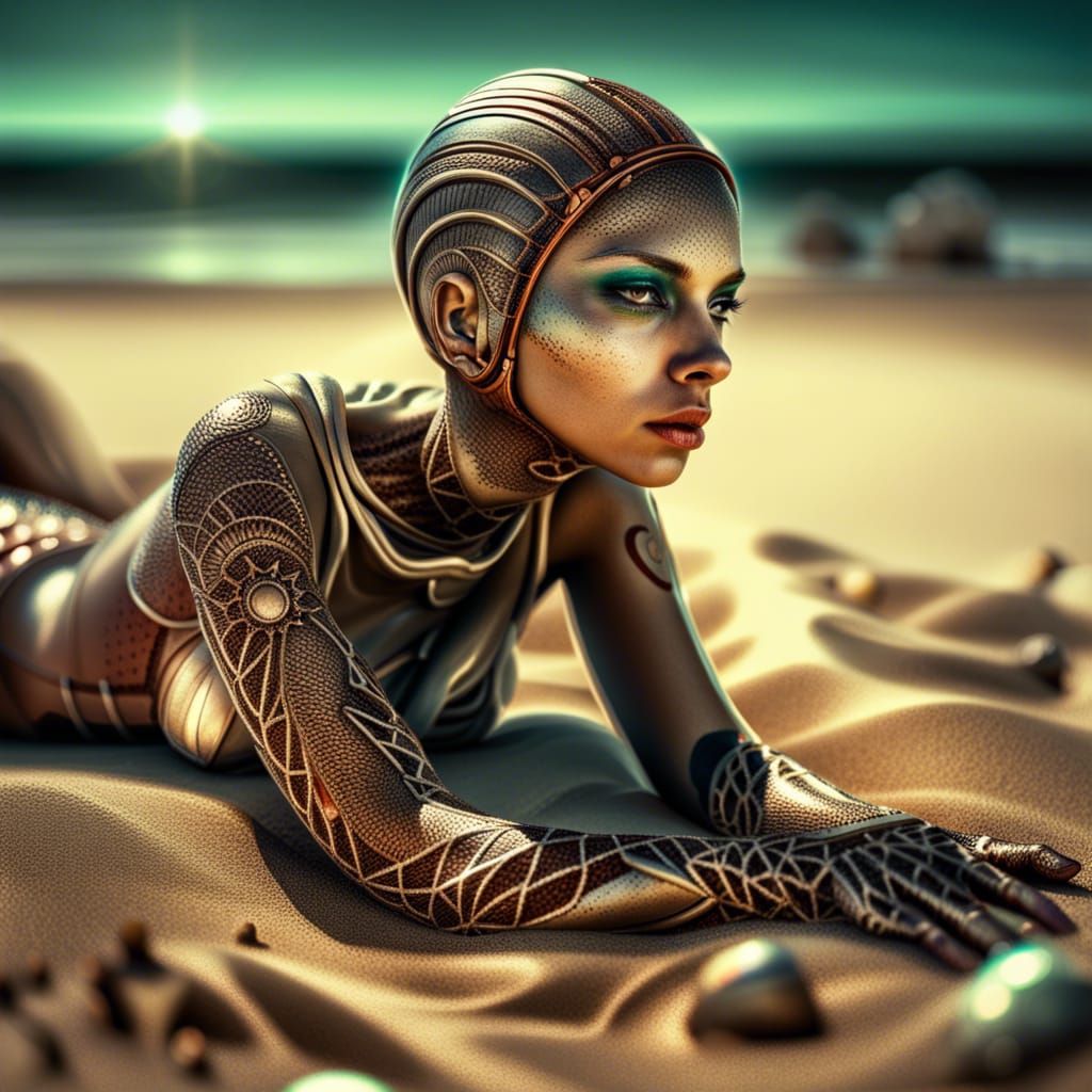 Hyperrealistic Martian Girl Sunbathing on Beach