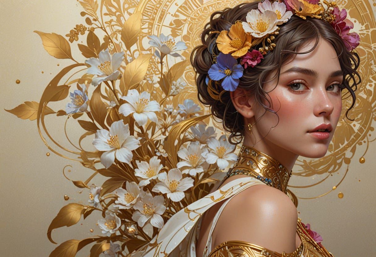 Woman in Klimt Style with Shimmering Gold Floral Background