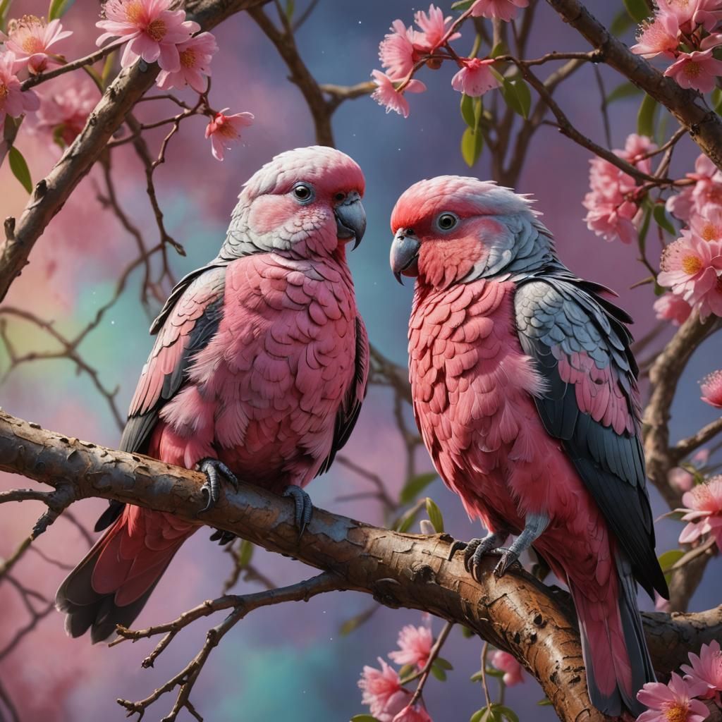 Hyperrealistic Galahs Snuggling on a Tree