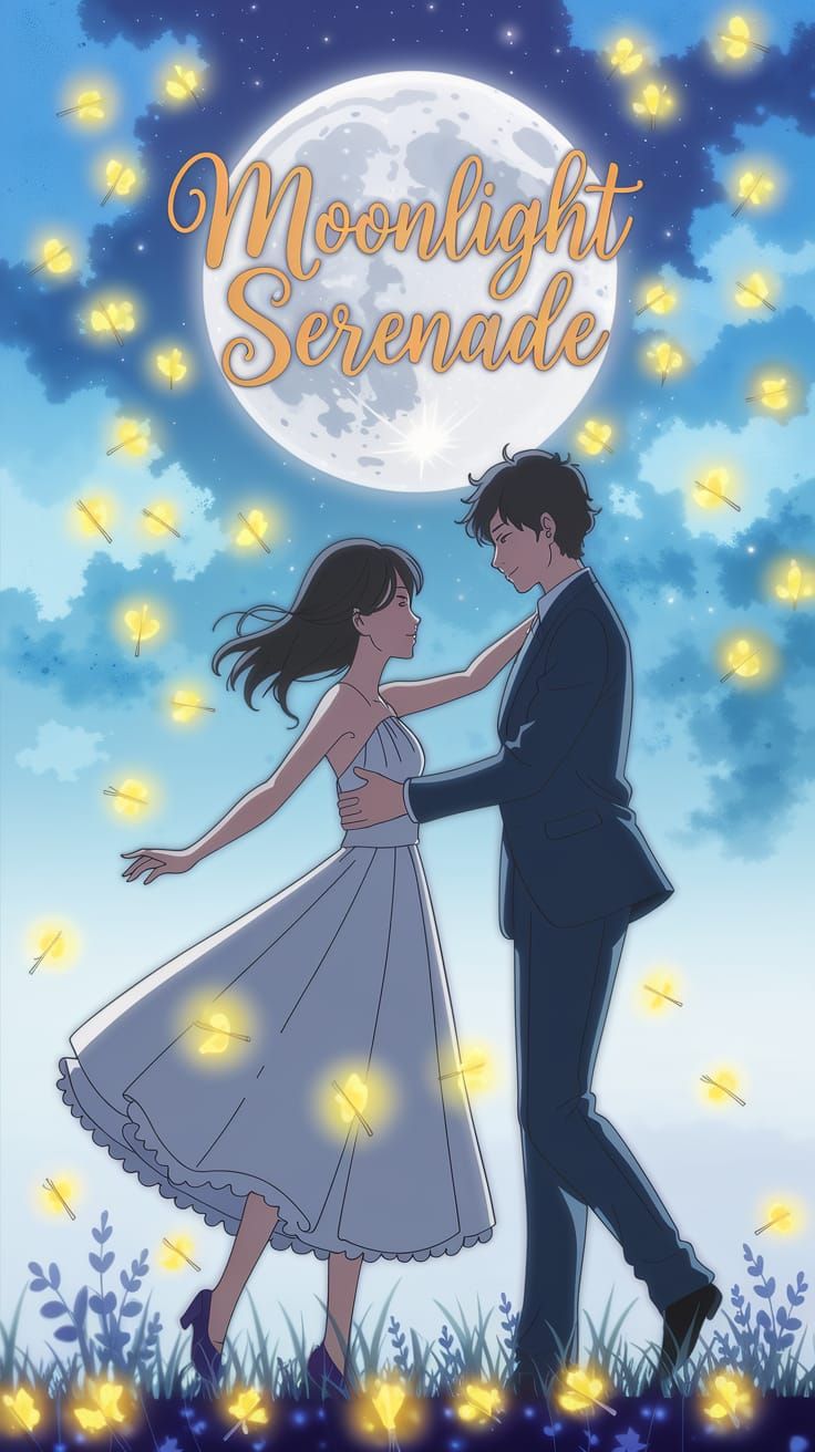 Anime Style Couple Dancing Under Moonlit Sky