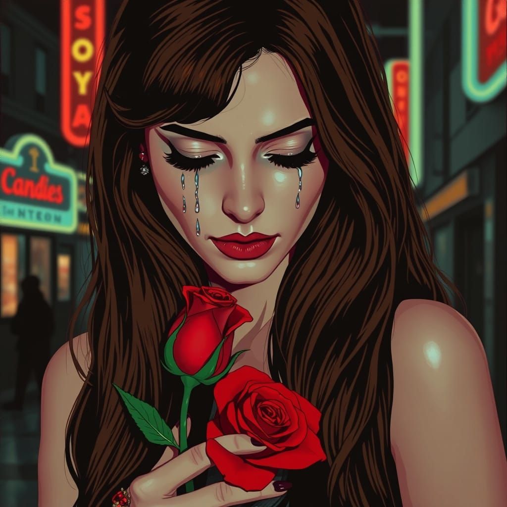 Sorrowful Woman in Neon Light: Pop Art Illustration