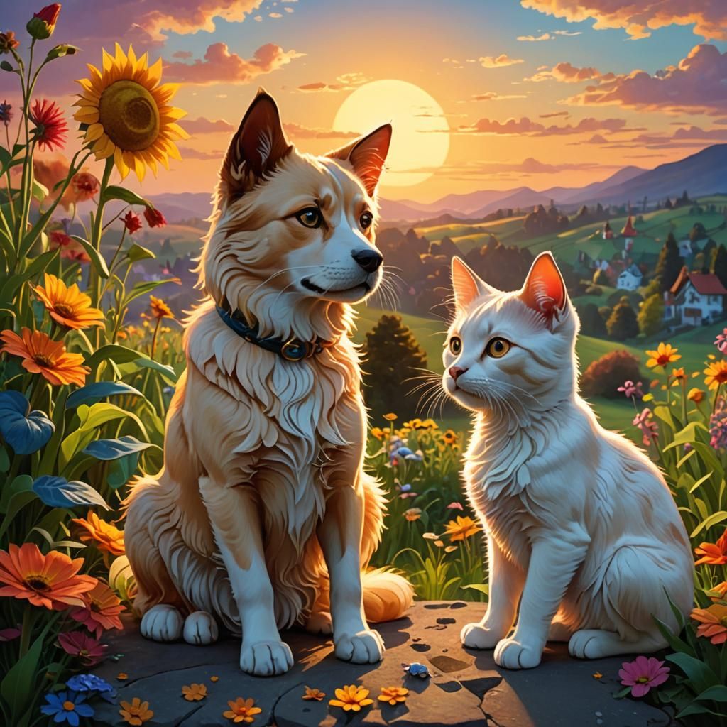 Fairytale Sunrise: Cat and Dog in Magic Realism