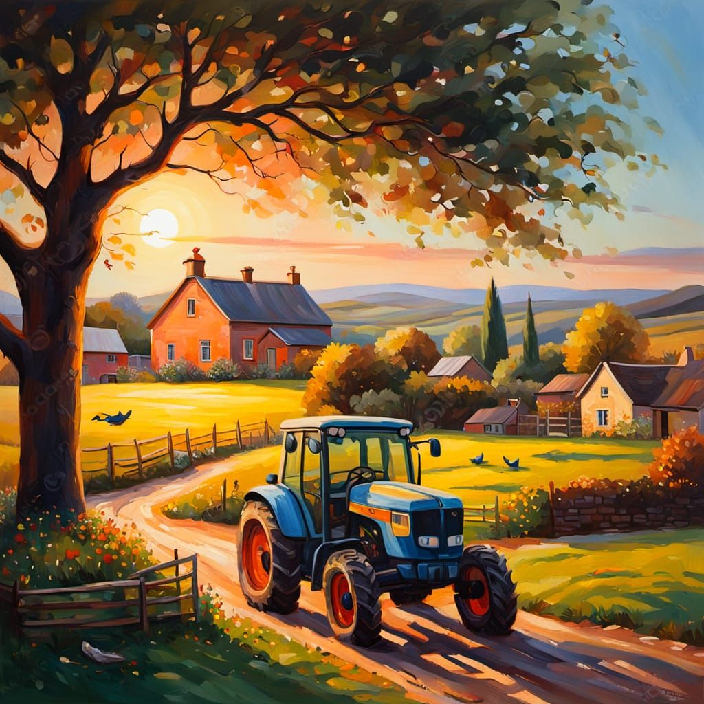 Tractor in English Village Yard at Sunset Oil Painting