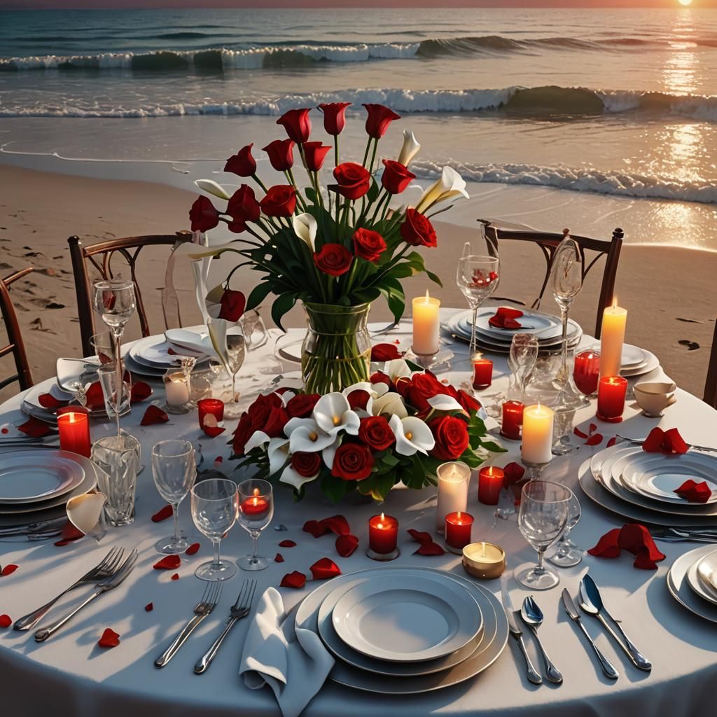 Romantic Beach Dinner at Sunset in Detailed Matte Painting