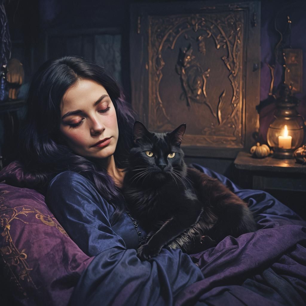 Black Cat Napping on Witch Shoulder