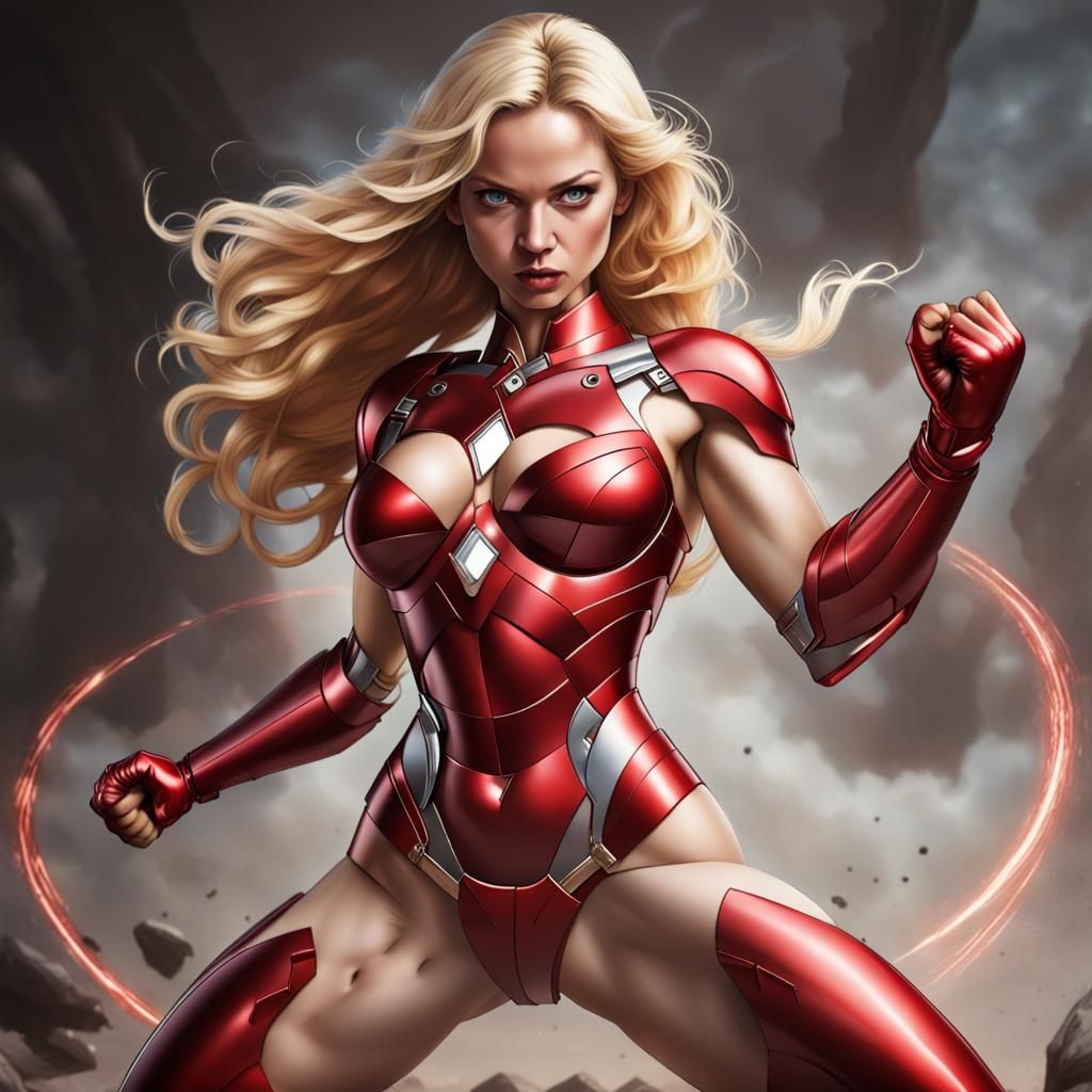 Bright red iron woman, blonde hair, hourglass body in powerful female fighting pose