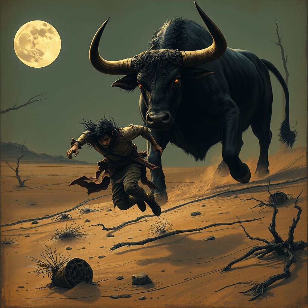 Fleeing Figure Pursued by a Fierce Bull in a Haunting, Moonl...