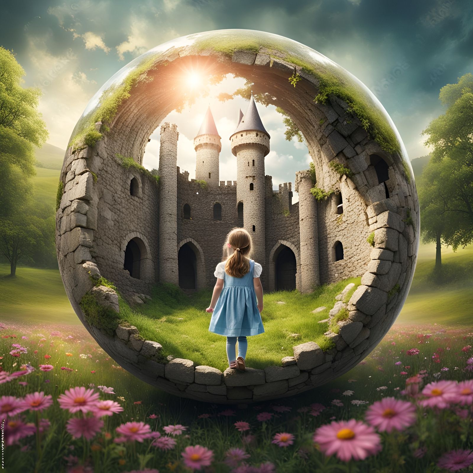 Girl in Sphere at Medieval Castle Ruins