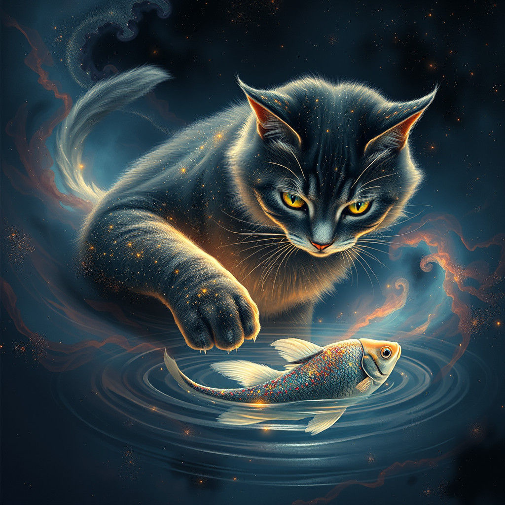 Celestial Cat Fishing in Iridescent Nebula