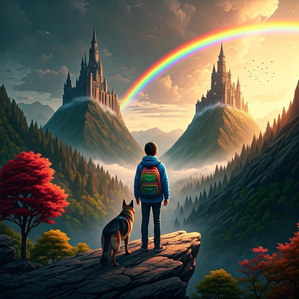 Young Boy and Loyal Dog Gaze at Majestic Fantasy Landscapes