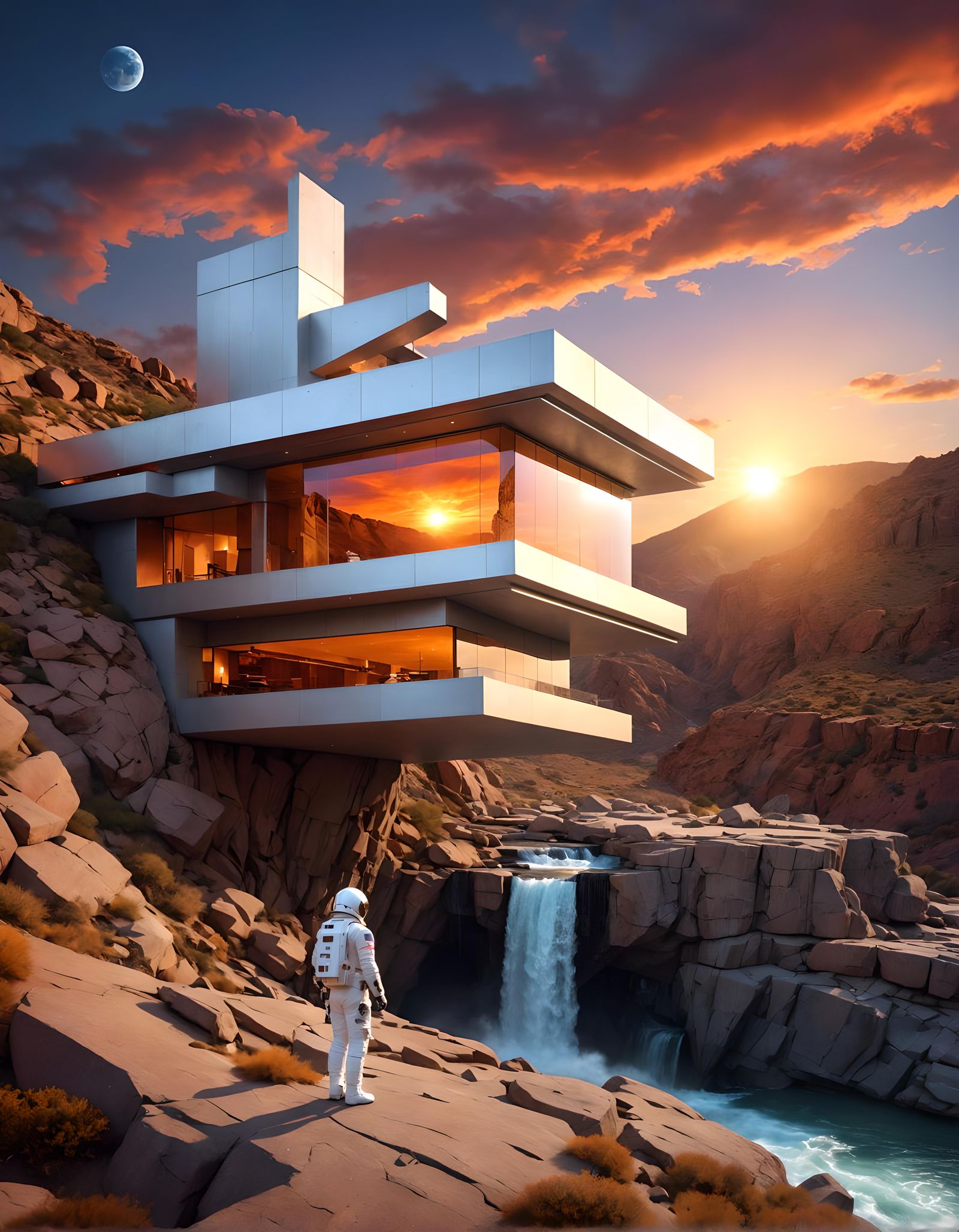 Futuristic House on Exoplanet at Sunset