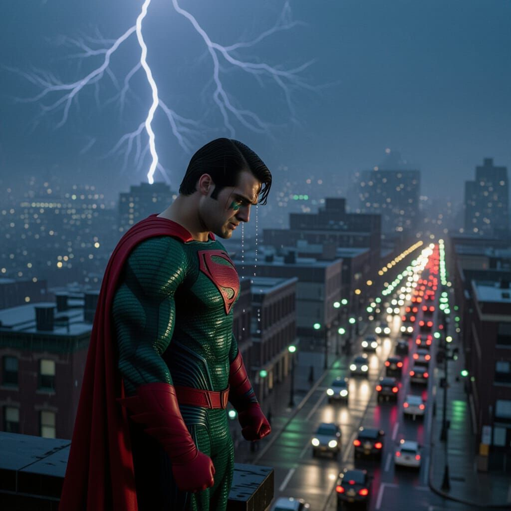 Distraught Superhero Gazing Over Fog-Shrouded City