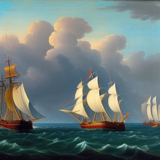 Sailing Ships in Strong Wind as Impasto Painting