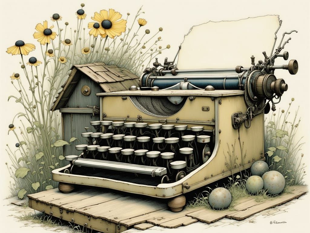 Vintage Typewriter in a Whimsical, Intricately Detailed Worl...