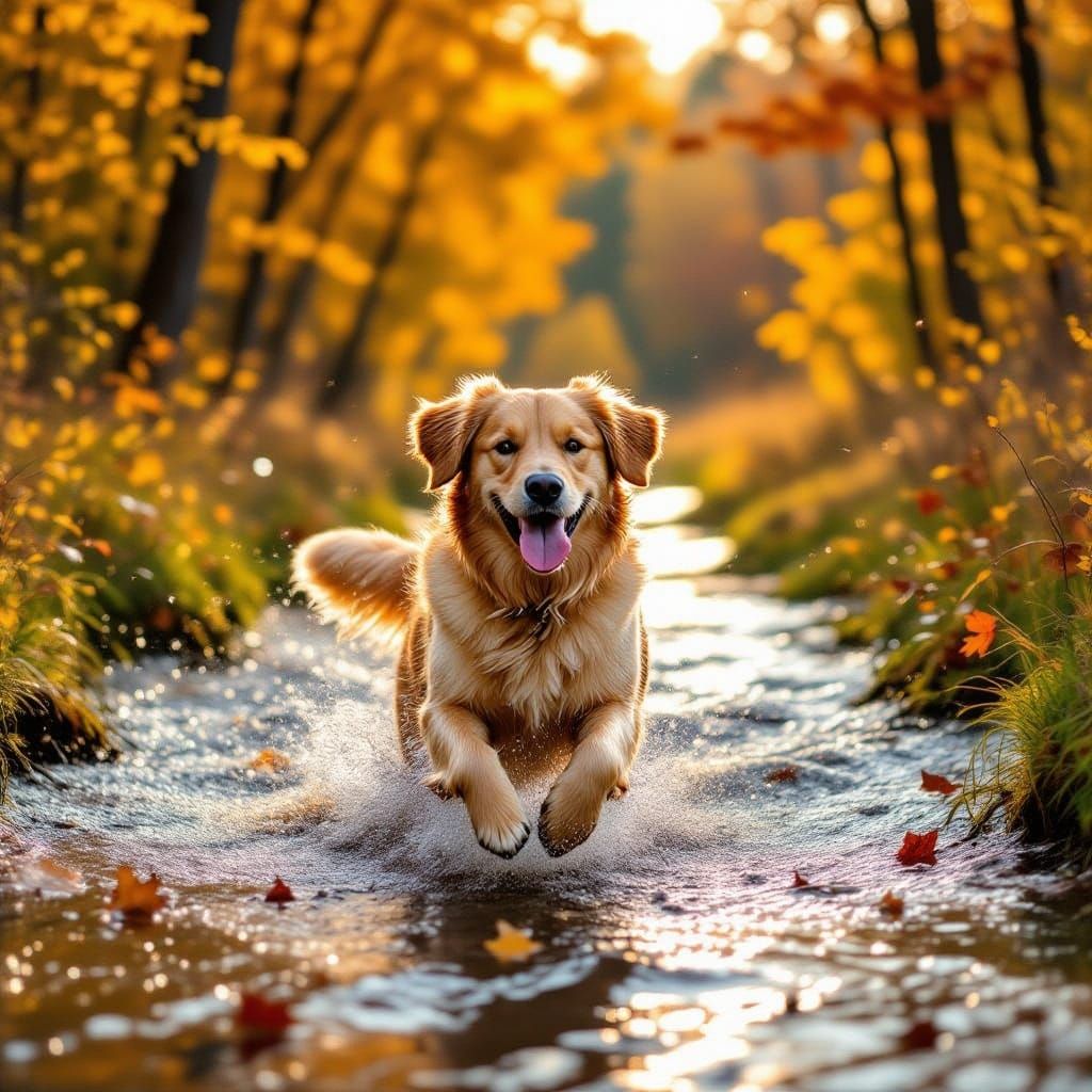 Golden Retriever Running Through Autumn Creek in Vibrant Col...