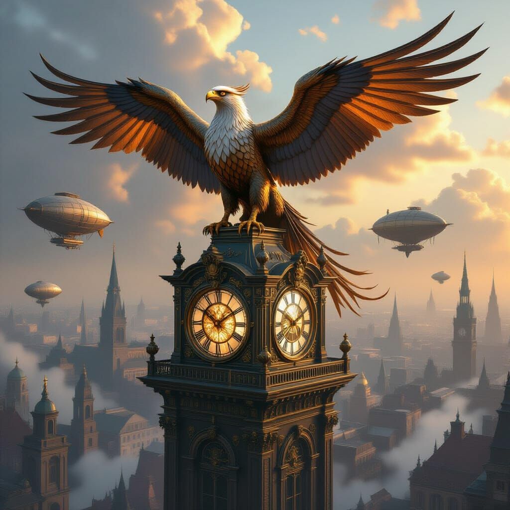 Brass Griffin on Clockwork Tower Over Victorian City