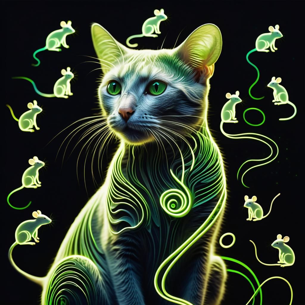Surreal Cat Made of Mice in Dreamlike 3D Rendering