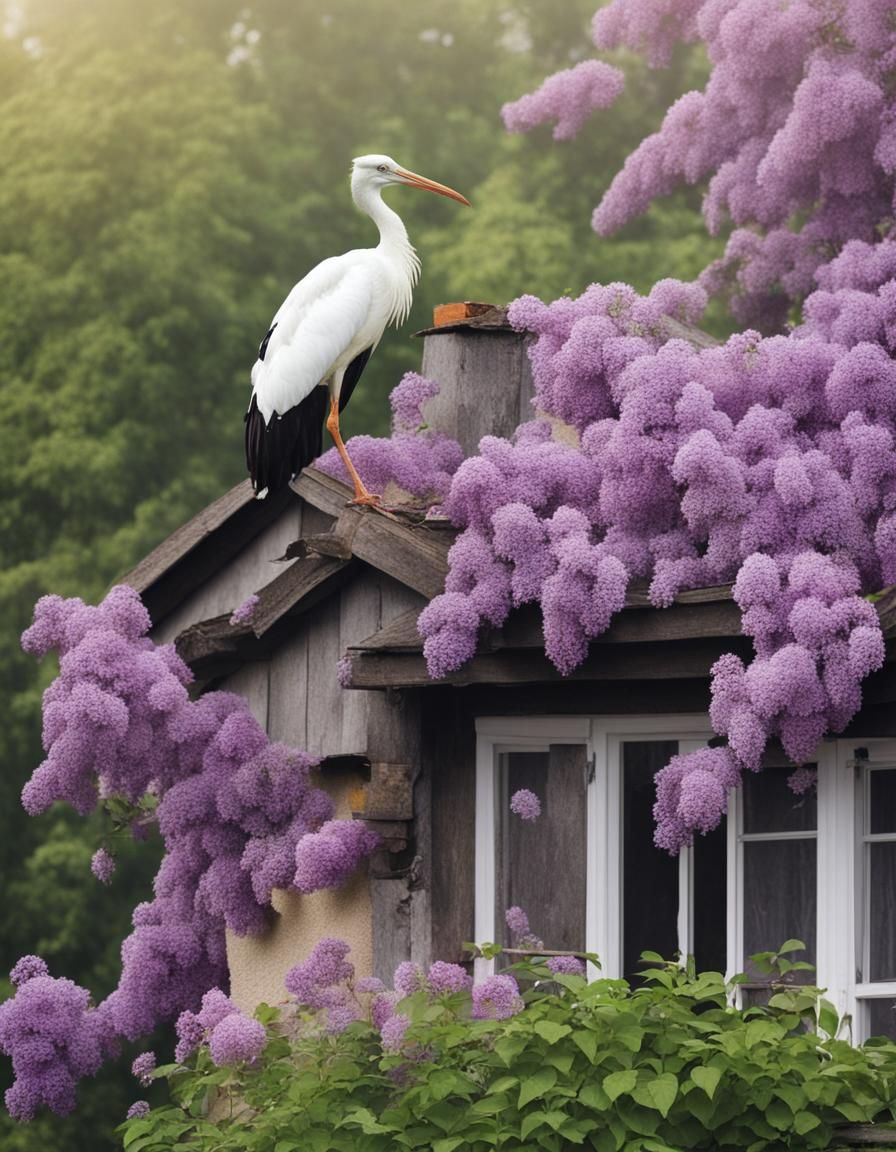 Stork on Rustic House with Lilac, High Detail