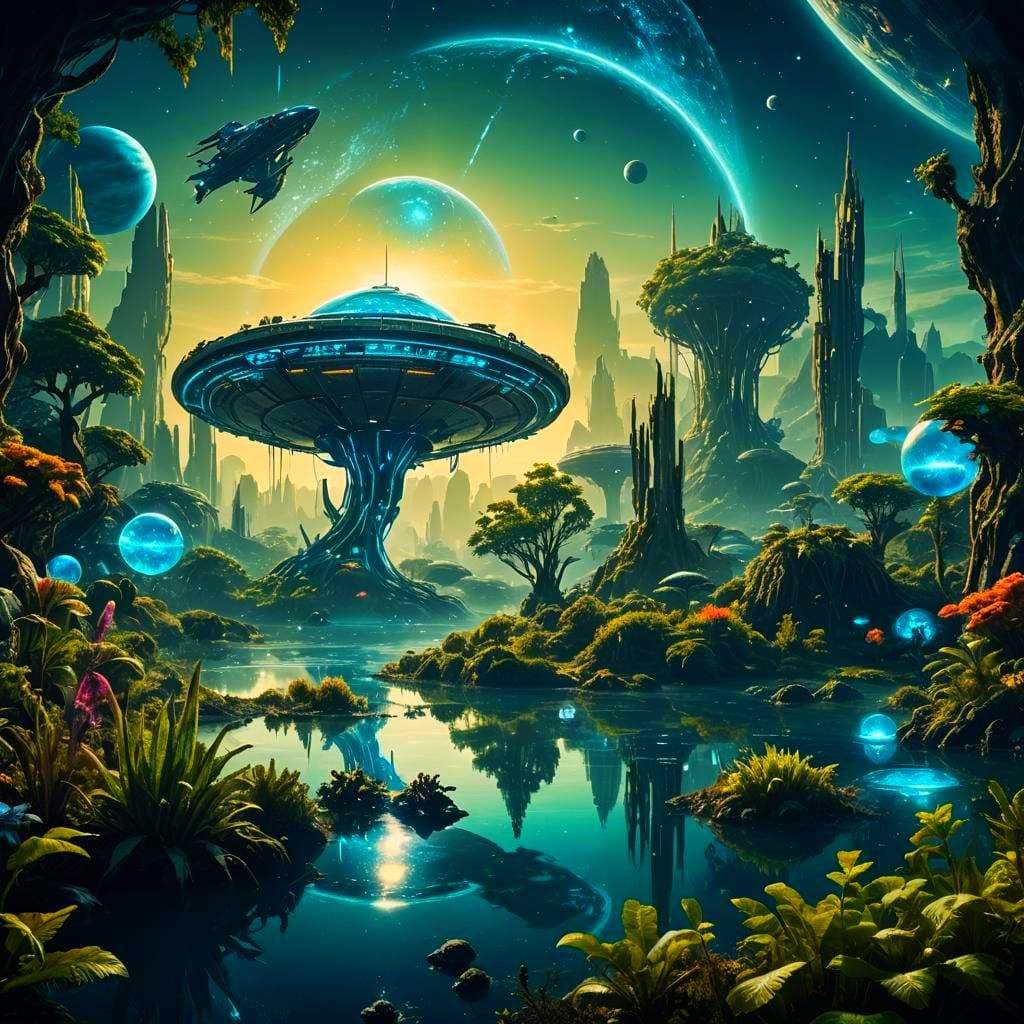 Epic Cinematic Planetscape with Crystal City and Spacecraft