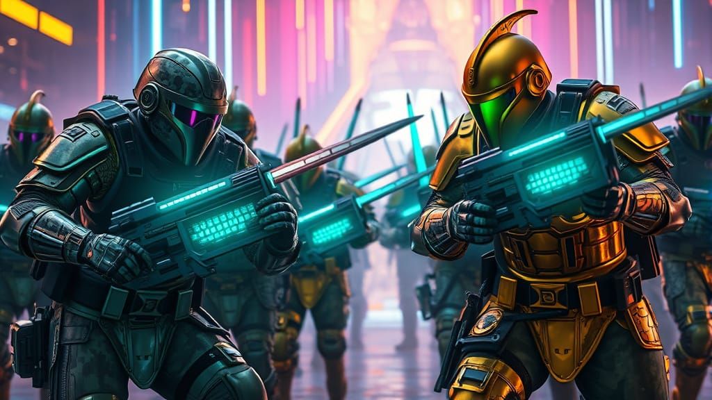 Armored Knights Clash with Bioluminescent Keyboards