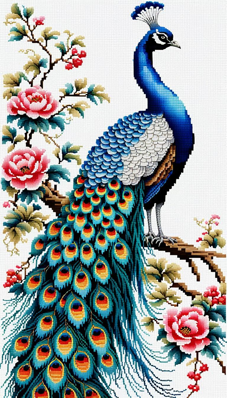 China-Chic Cross Stitch Peacock with Long Tail