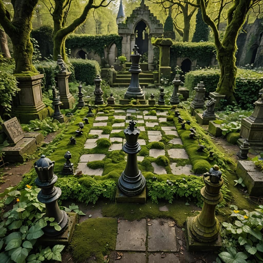 Abandoned Chessboard in Castle Ruins: Hyperrealistic Image