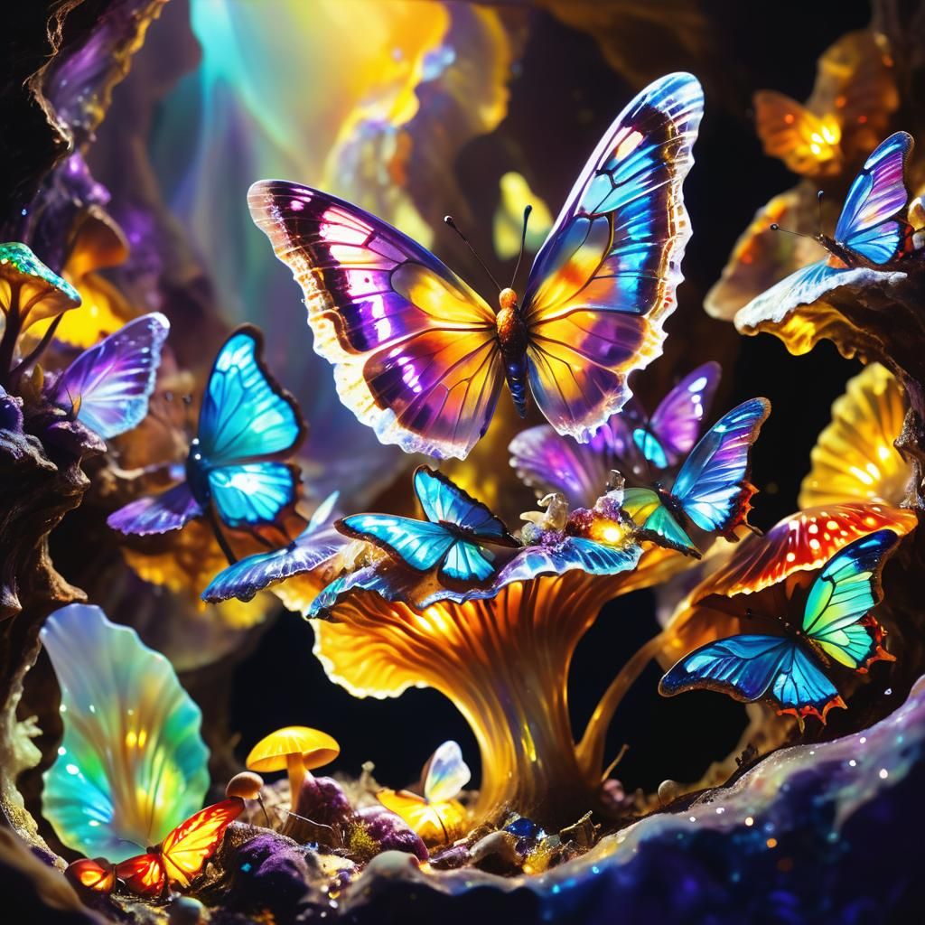 Bioluminescent Butterflies in Gemstone Cavern, Surreal Oil P...