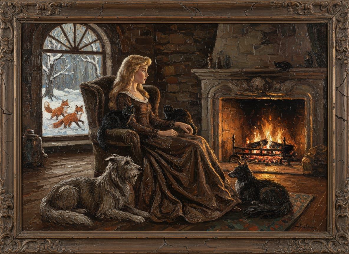 Aurora in Snowy Forest Home, Neo-Impressionist Oil Painting